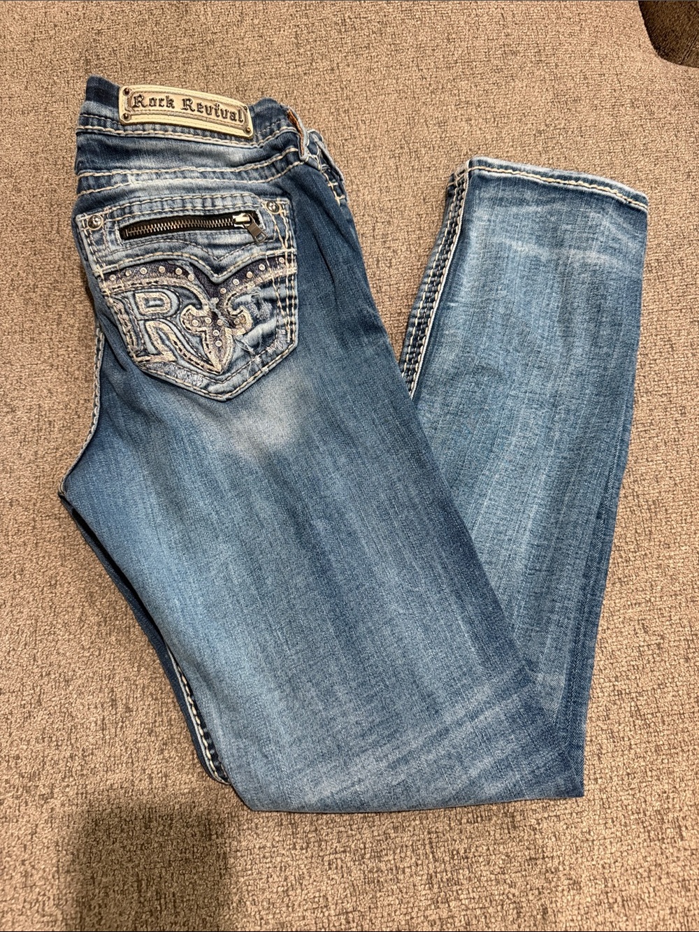 Rock Revival Medium Blue Straight Leg Jeans with Embroidered Back Pockets